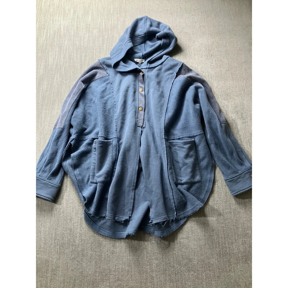 AEMI + CO Blue Oversized Mixed Media Corduroy Henley Hoodie Shacket Large - Picture 1 of 6
